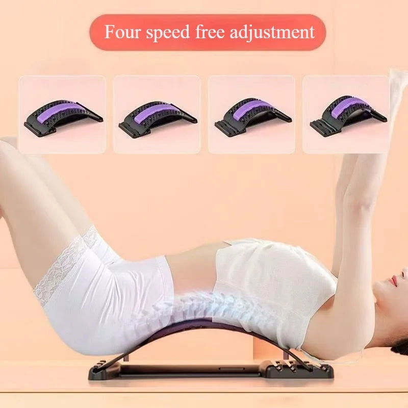 BackBalance back stretcher for pain relief with four adjustable arch levels shown with a woman using it