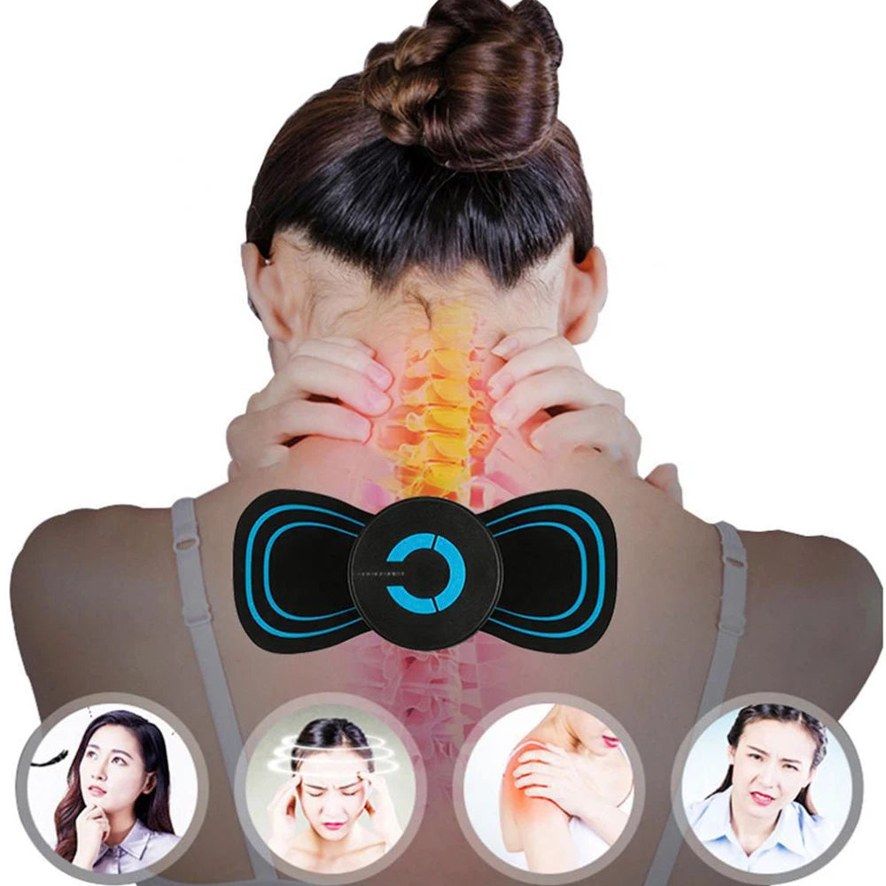 BackBalance mini body massager for pain relief applied on woman's neck and upper back with pain relief visuals