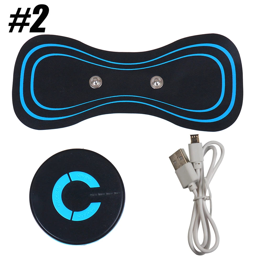 BackBalance mini body massager for pain relief with black and blue pad, control unit, and USB charging cable